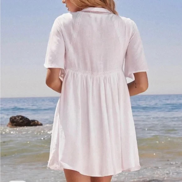 CUPSHE Solid White V-neck Elbow Sleeve Casual Cotton Loose Mini Dress - Picture 2 of 4